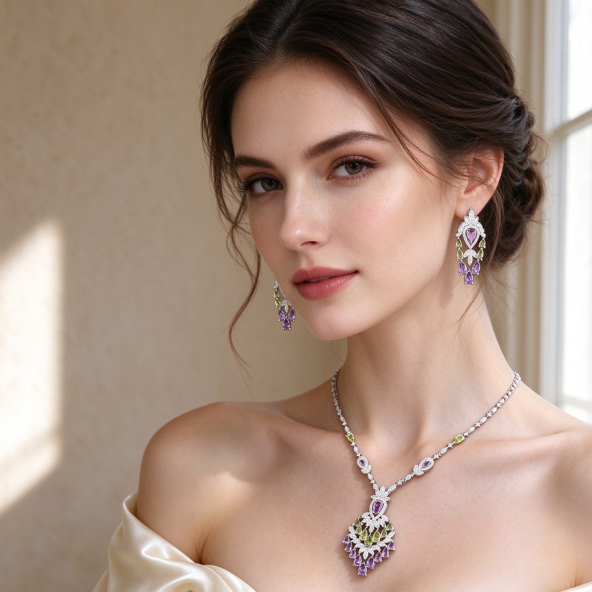 Close-up of bride wearing The Wheat Crystal Parure purple and green CZ chandelier necklace and earrings