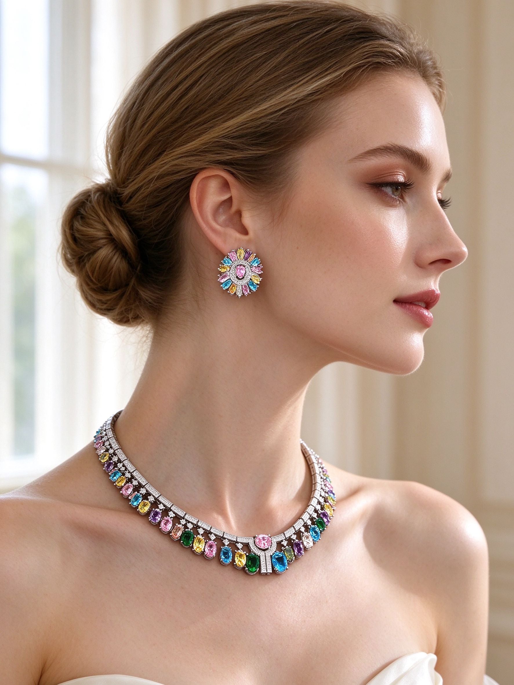 Close-up of multicolor CZ cluster stud earrings and baguette choker necklace
