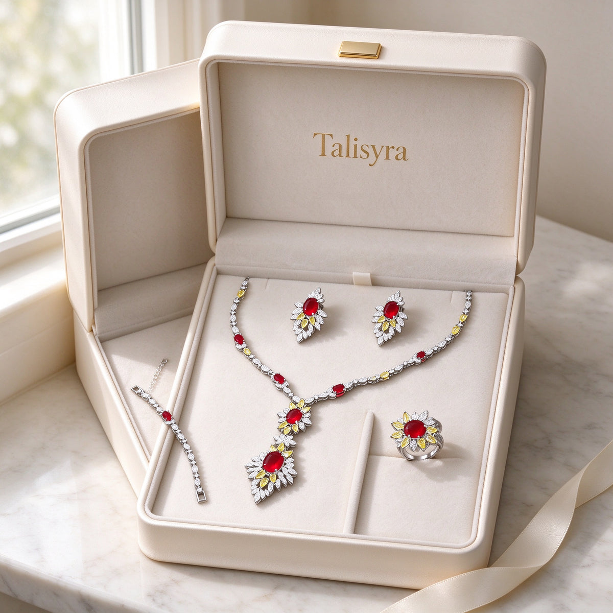 The Seed Bridal Parure presented in an open ivory satin-lined Talisyra jewelry box with gold-foil logo