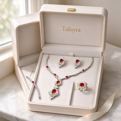 The Seed Bridal Parure presented in an open ivory satin-lined Talisyra jewelry box with gold-foil logo