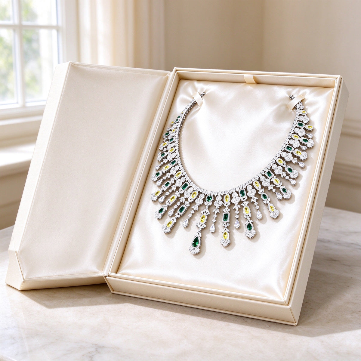 The Dahlia Crystal Parure colored-stone collar necklace presented in an ivory Talisyra gift box on warm marble