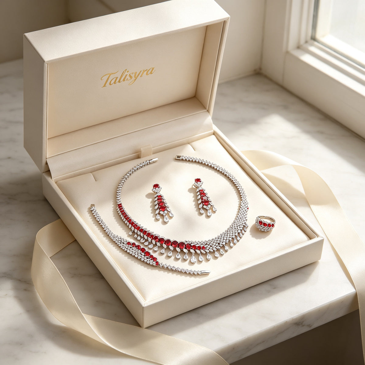 The Astra Wedding Suite four-piece ruby-red CZ set presented in a Talisyra ivory satin-lined gift box
