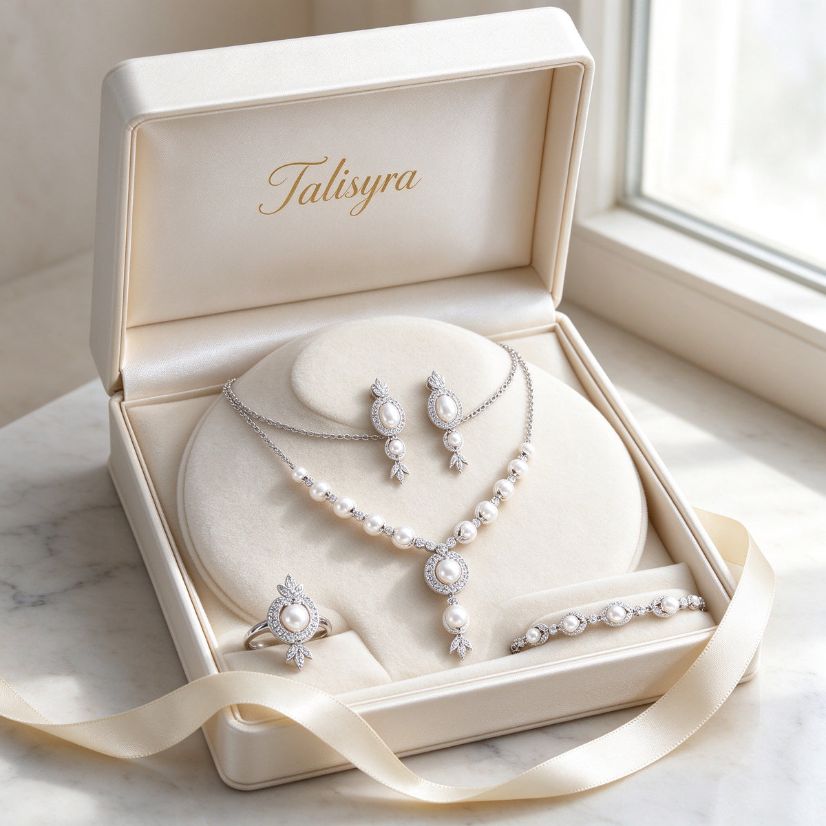The Zenith Bridal Parure pearl and CZ two-layer lariat set presented in a Talisyra ivory satin-lined gift box
