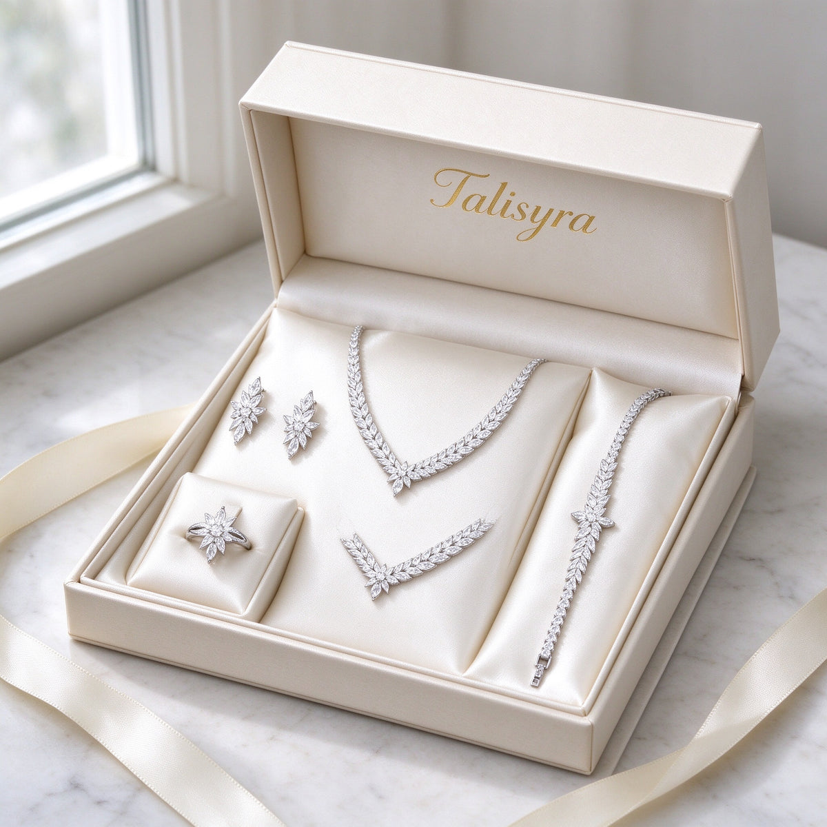 The Coronet Bridal Set presented in an ivory Talisyra gift box