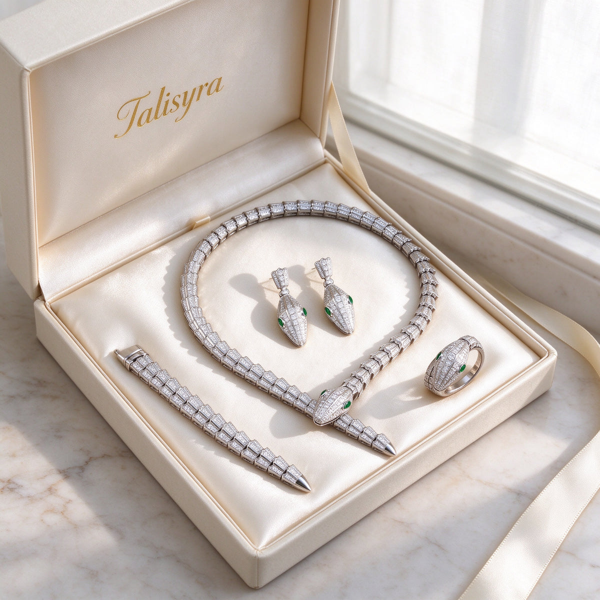 The Lumina Crystal Set presented in an ivory Talisyra gift box