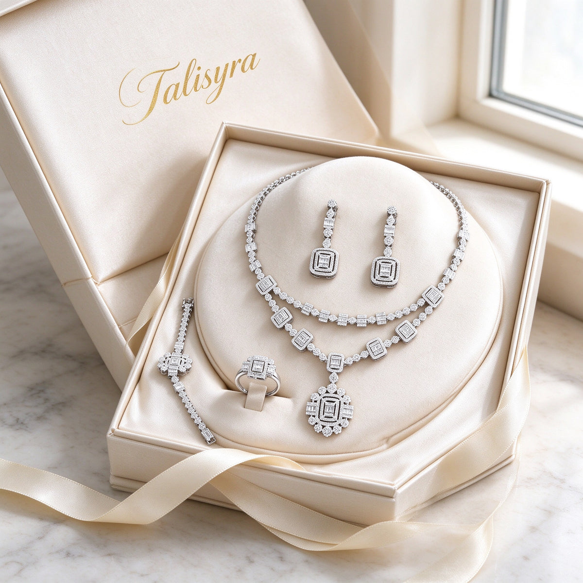 The Nadir Bridal Set Art Deco geometric CZ set presented in a Talisyra ivory satin-lined gift box