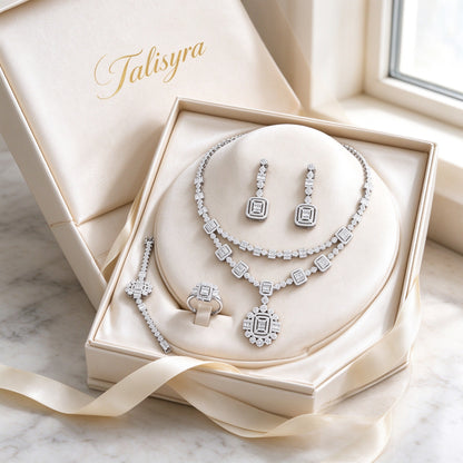 The Nadir Bridal Set Art Deco geometric CZ set presented in a Talisyra ivory satin-lined gift box