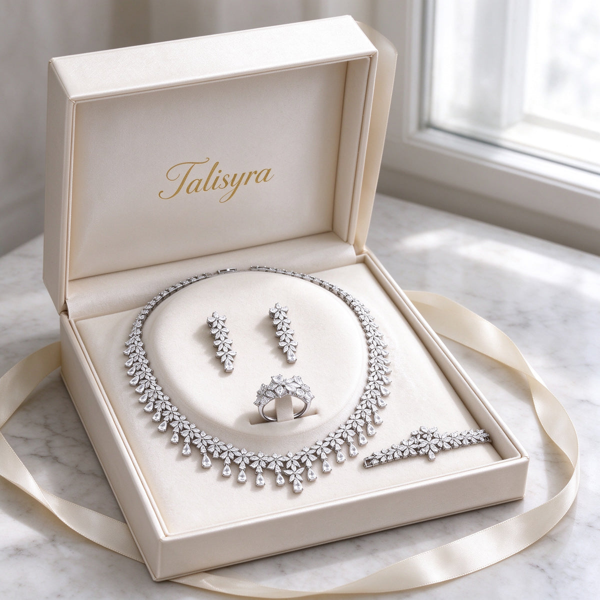 The Crest Bridal Set four-piece CZ parure presented in a Talisyra ivory satin-lined gift box