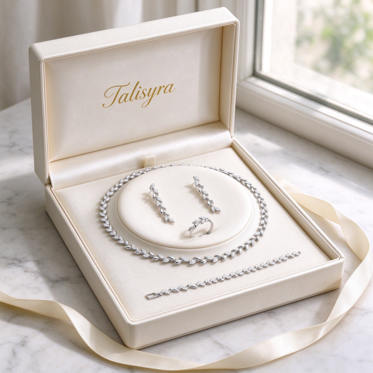 The Summit Wedding Suite laurel-vine CZ bridal set presented in a Talisyra ivory satin-lined gift box