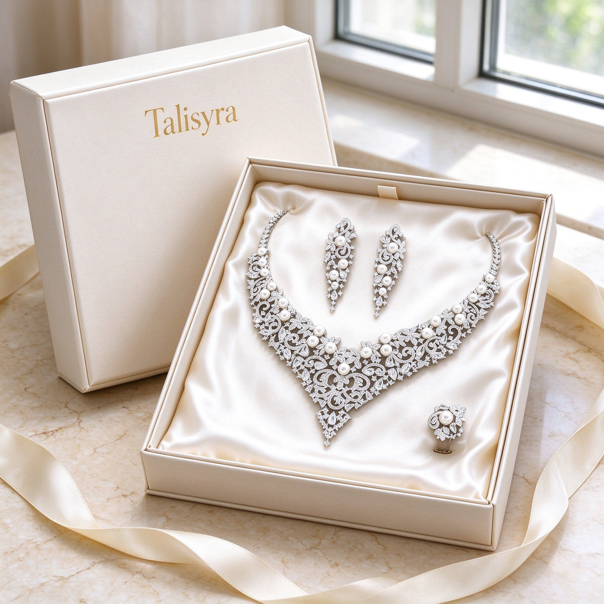 The Grain Bridal Set presented in an open ivory satin-lined Talisyra jewelry box with gold-foil logo