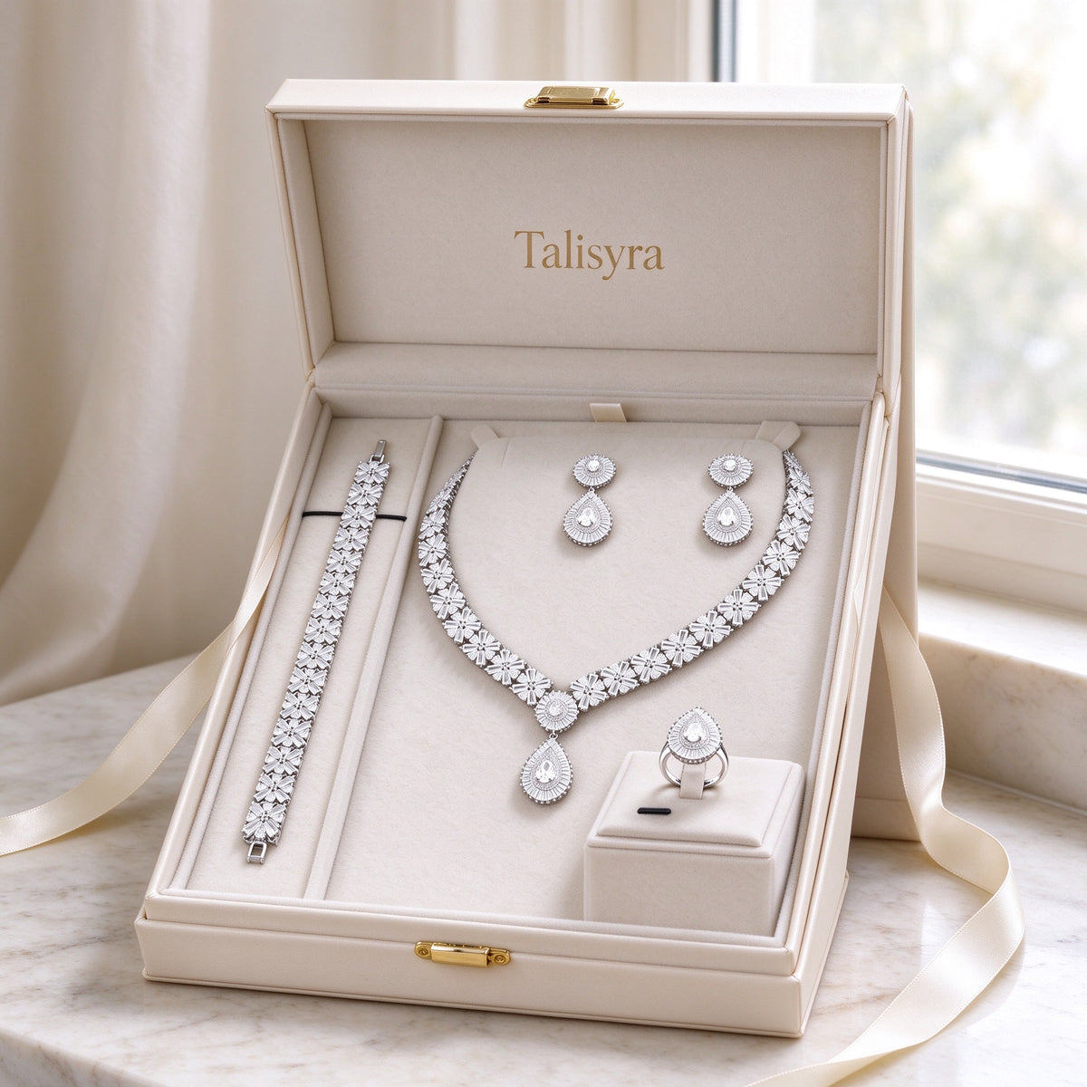 The Root Wedding Suite presented in an open ivory satin-lined Talisyra jewelry box with gold-foil logo