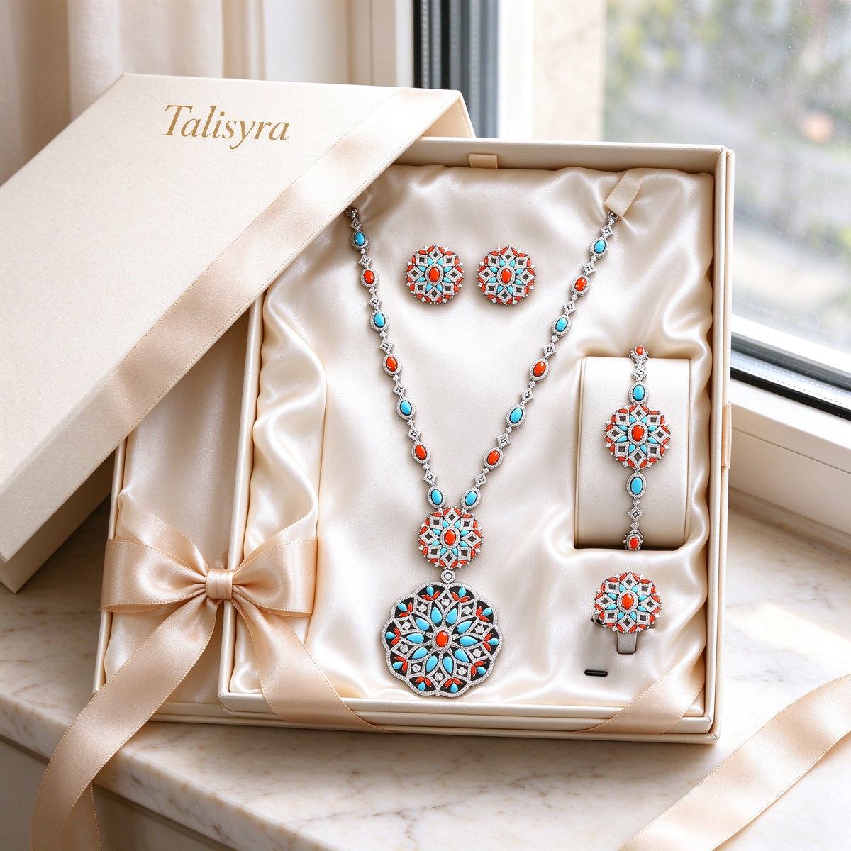 The Bud Bridal Set presented in an open ivory satin-lined Talisyra jewelry box with gold-foil logo