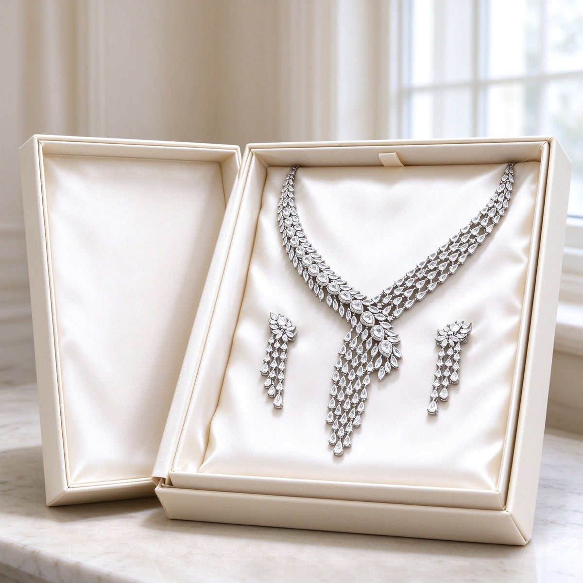 The Marigold Wedding Suite presented in an ivory Talisyra gift box on warm marble