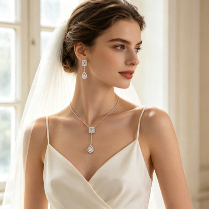 European bride wearing CZ Y-drop necklace