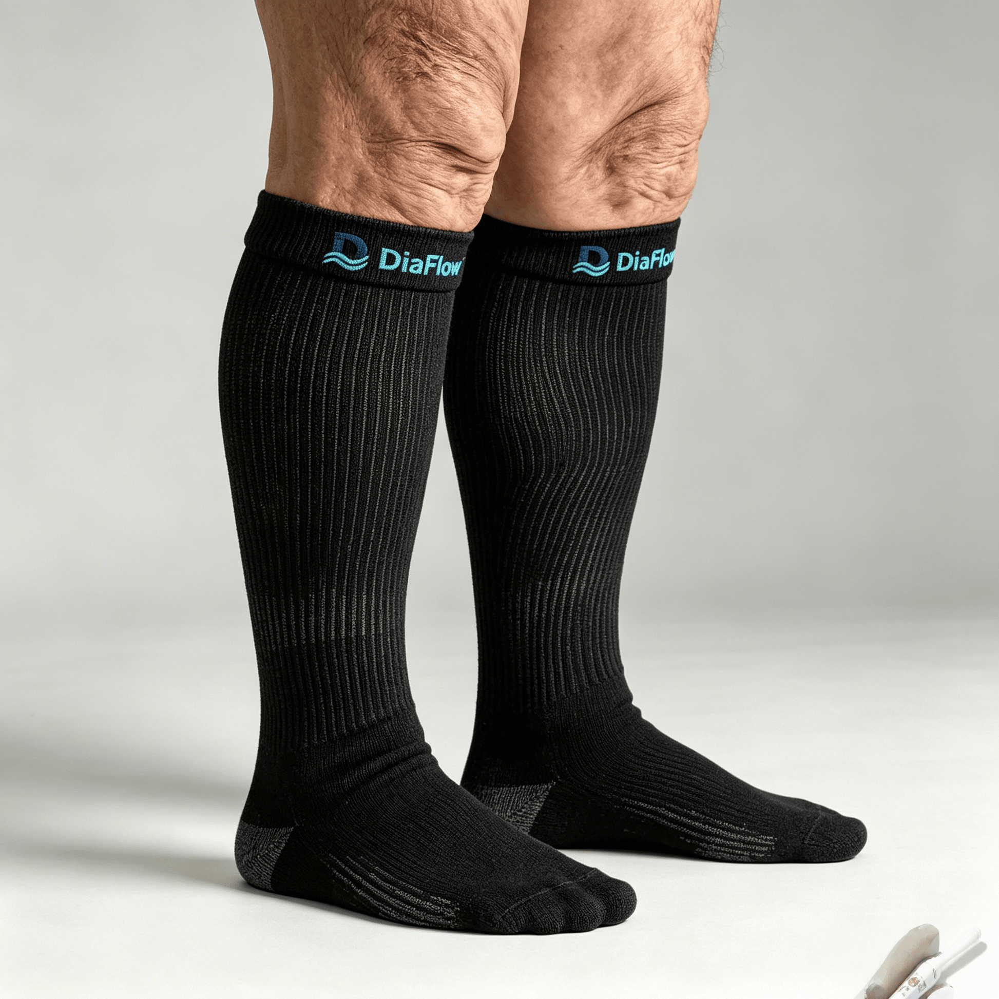 Close-up of the sole of black diabetic acupressure socks, clearly showing multiple silicone round raised dots targeting plantar reflex zones to stimulate acupoints and improve circulation.