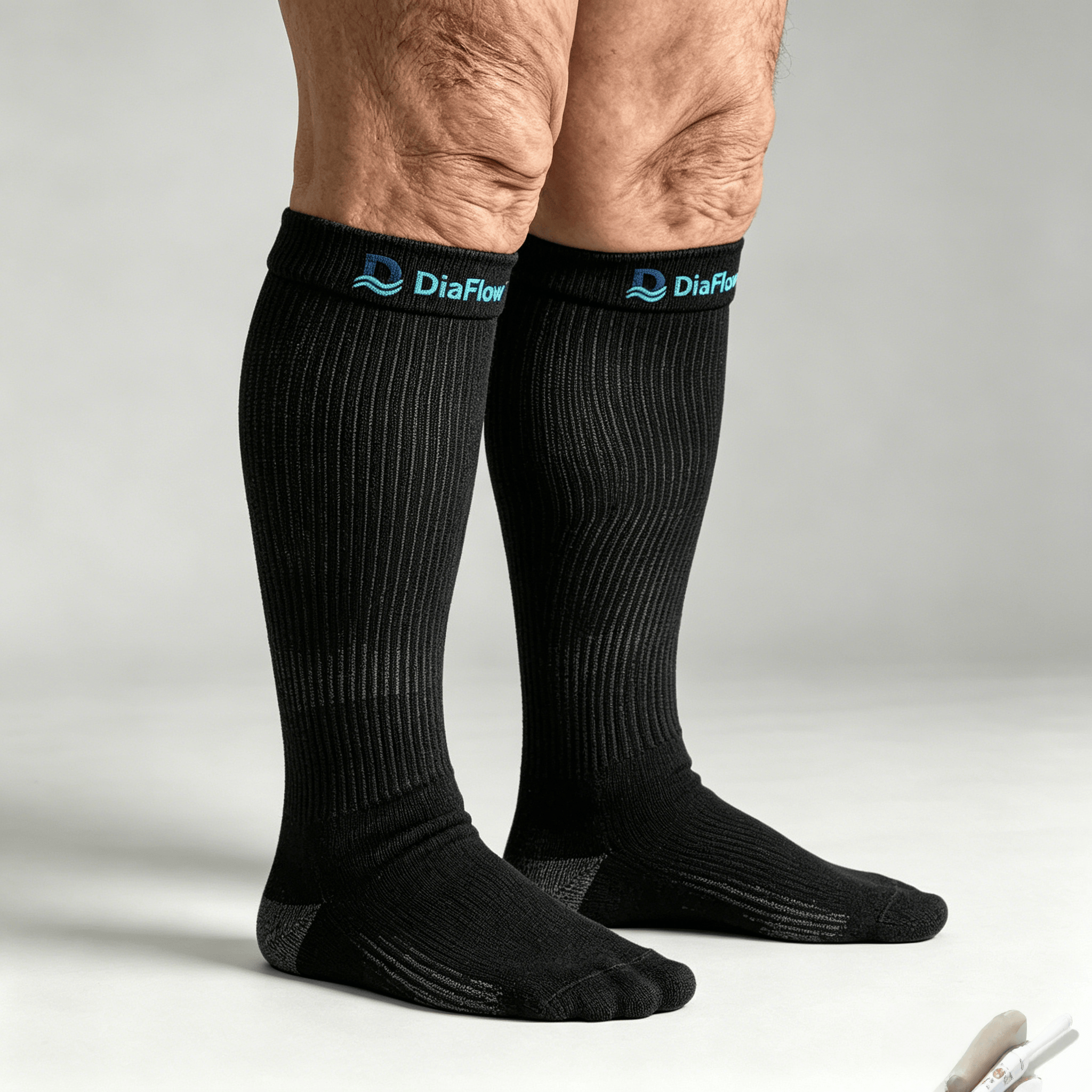 Close-up of the sole of black diabetic acupressure socks, clearly showing multiple silicone round raised dots targeting plantar reflex zones to stimulate acupoints and improve circulation.