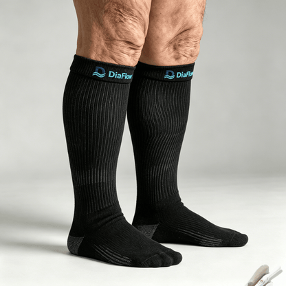 Close-up of the sole of black diabetic acupressure socks, clearly showing multiple silicone round raised dots targeting plantar reflex zones to stimulate acupoints and improve circulation.