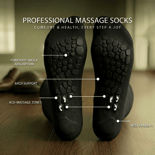 Flat front view of black diabetic acupressure socks, showing all-black sock body with circular raised acupoint massage zones on the sole and a loose non-binding cuff.