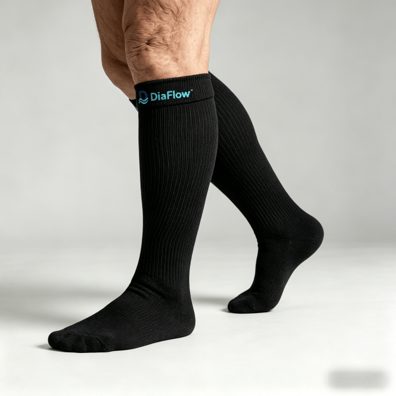 Detail of the cuff of black diabetic acupressure socks, featuring a widened elastic design that does not constrict the ankle or leg, suitable for edema or sensitive skin in diabetics.