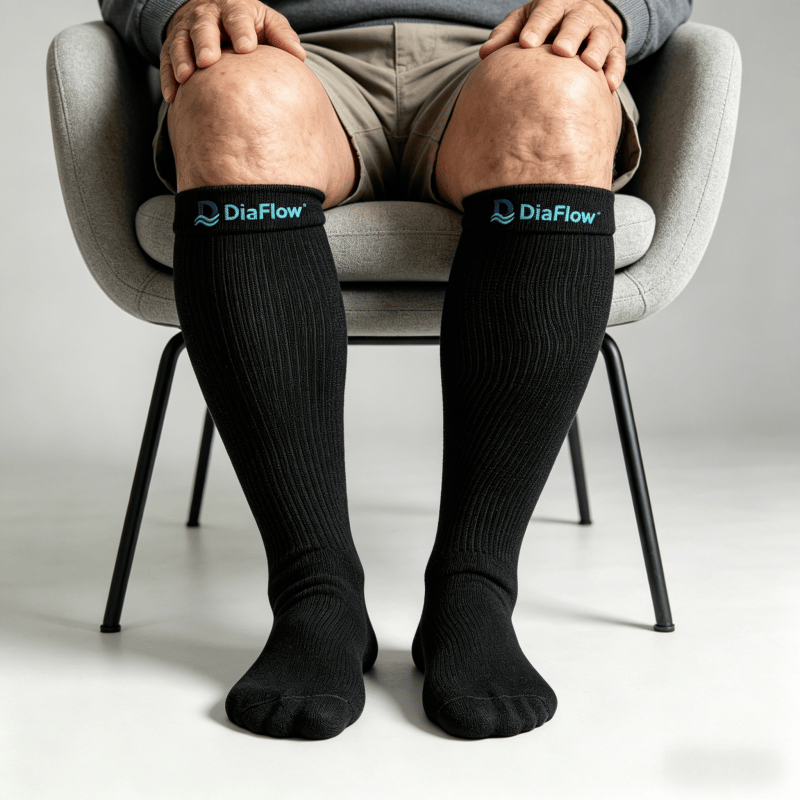 ide view of a diabetic patient wearing black acupressure socks, showing a good fit to the foot contour, non-binding cuff, and visible cushioning at heel and forefoot areas.