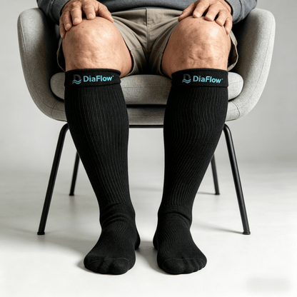 ide view of a diabetic patient wearing black acupressure socks, showing a good fit to the foot contour, non-binding cuff, and visible cushioning at heel and forefoot areas.