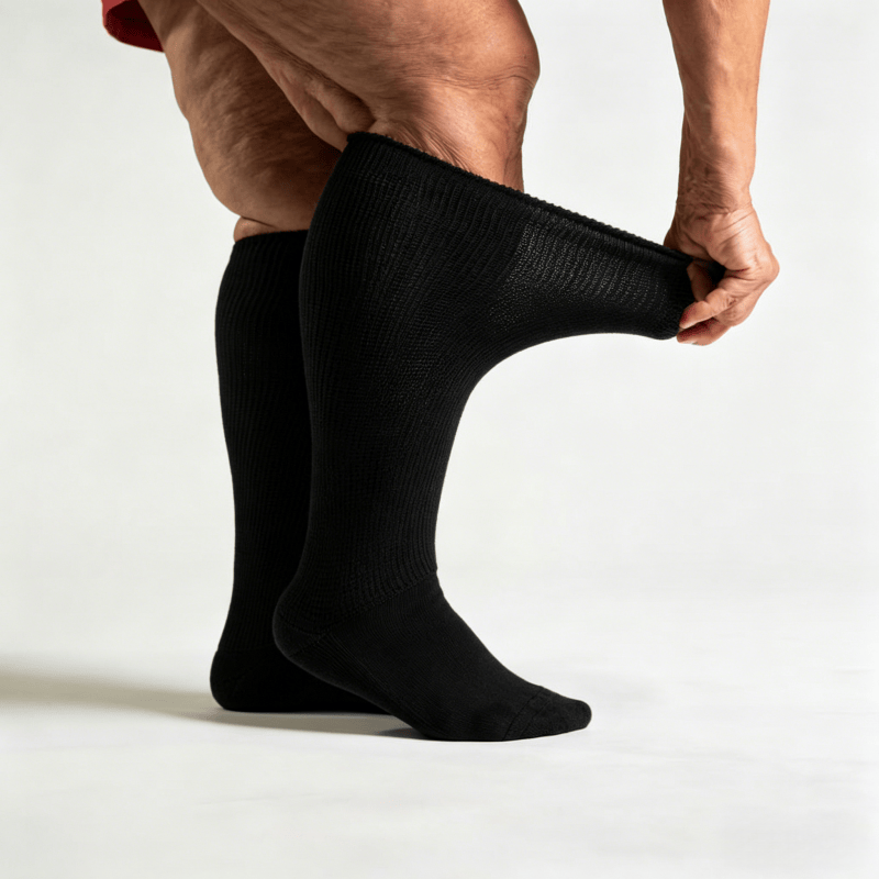 Smooth flat-seam black diabetic long socks to reduce friction on feet and calves
