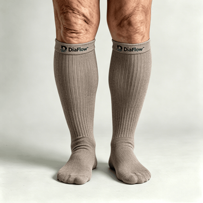 Smooth flat-seam charcoal gray diabetic long socks to reduce friction on feet and calves