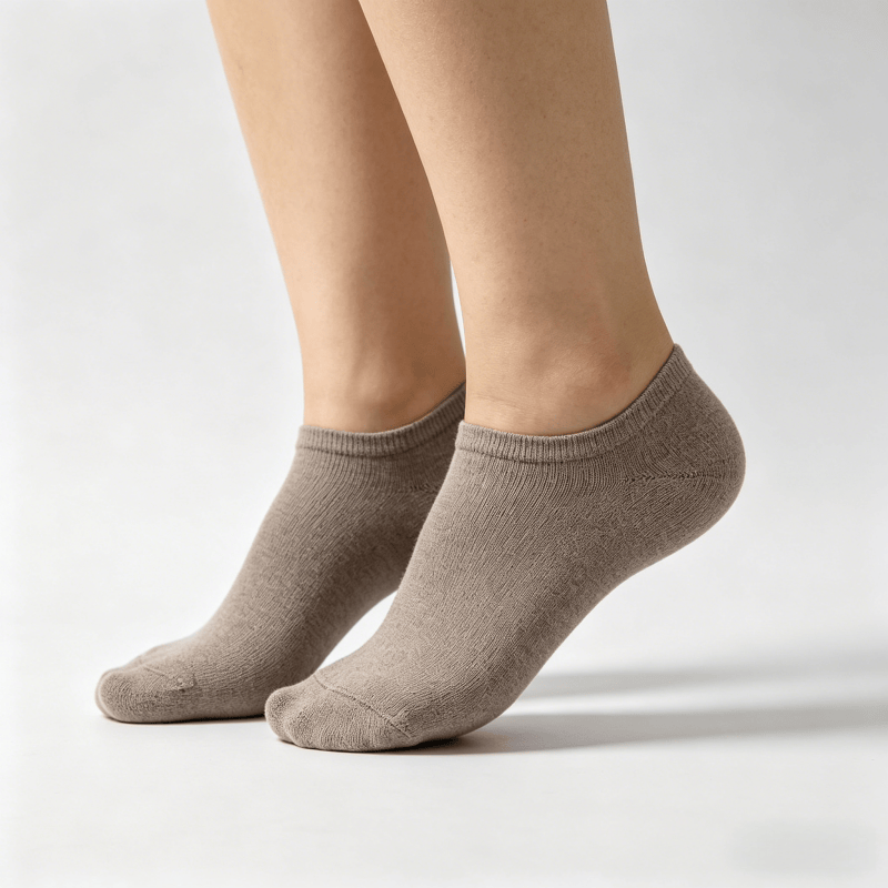 Greige diabetic short socks with padded sole area to distribute foot pressure for comfortable walking
