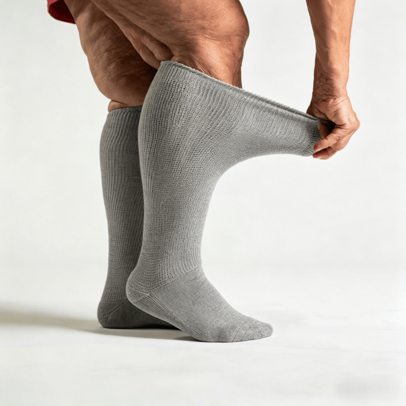 Smooth flat-seam gray diabetic long socks to reduce friction on feet and calves