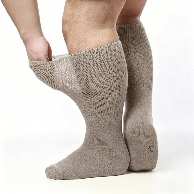 Loose-fit top greige diabetic socks designed to reduce leg binding for daily wear