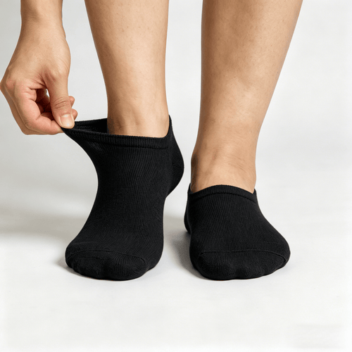 Low-profile black diabetic no-show socks designed to stay hidden under most low-cut shoes