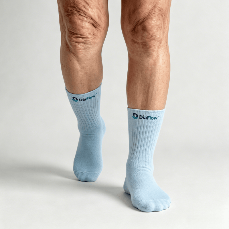 Medium-thickness light blue diabetic socks to help maintain comfortable foot temperature