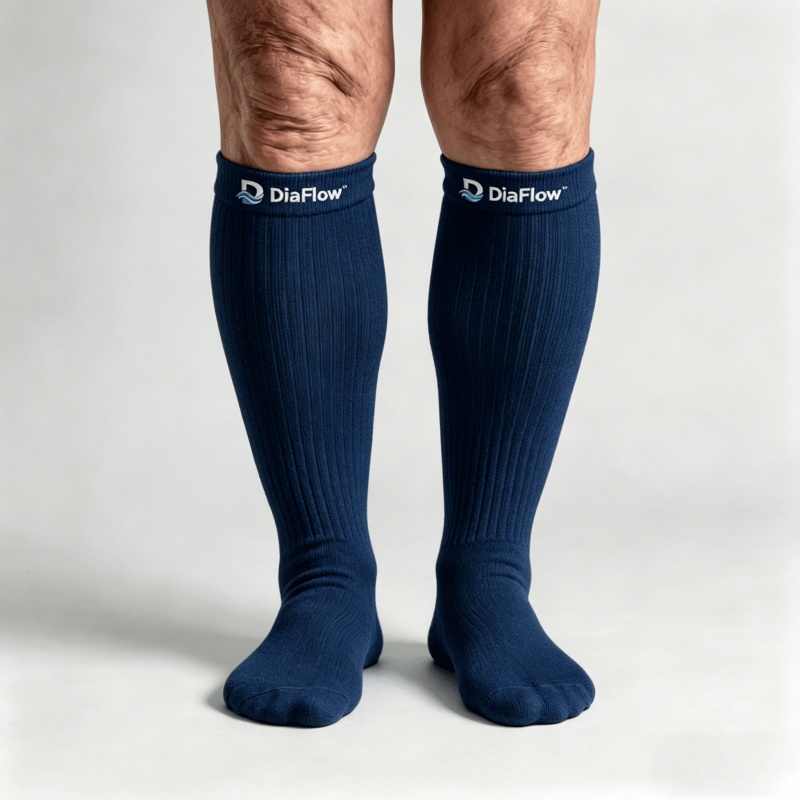 Medium-thickness navy blue diabetic long socks to help maintain comfortable temperature for feet and calves