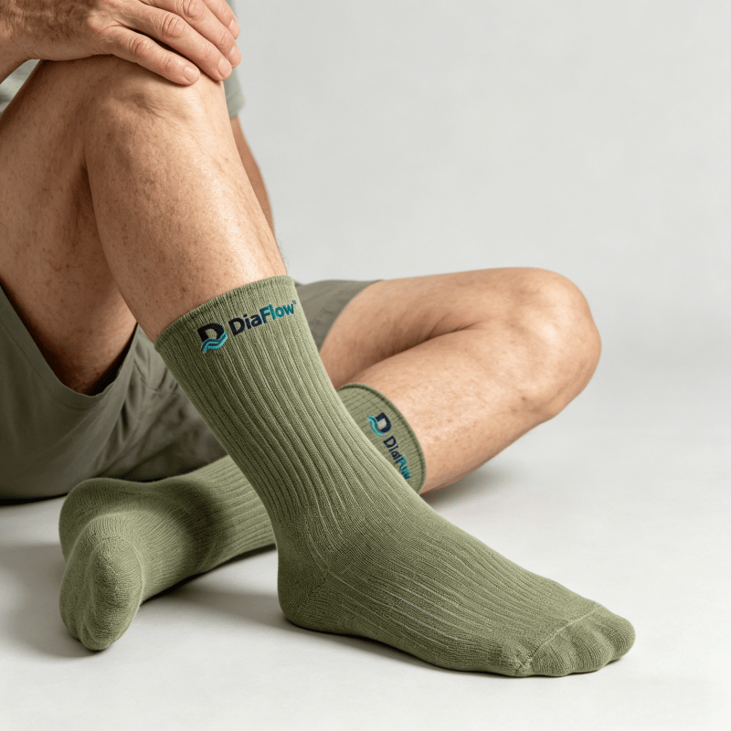 Medium-thickness olive green diabetic socks to help maintain comfortable foot temperature
