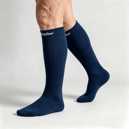 Breathable moisture-wicking navy blue diabetic long socks for keeping calves and feet dry

