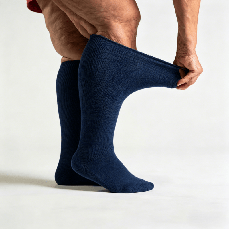 Navy blue diabetic long socks without tightness, suitable for sensitive or mildly swollen legs