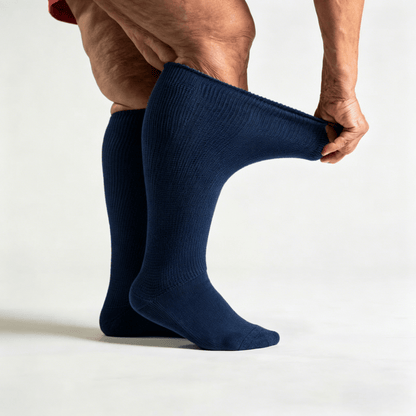 Navy blue diabetic long socks without tightness, suitable for sensitive or mildly swollen legs