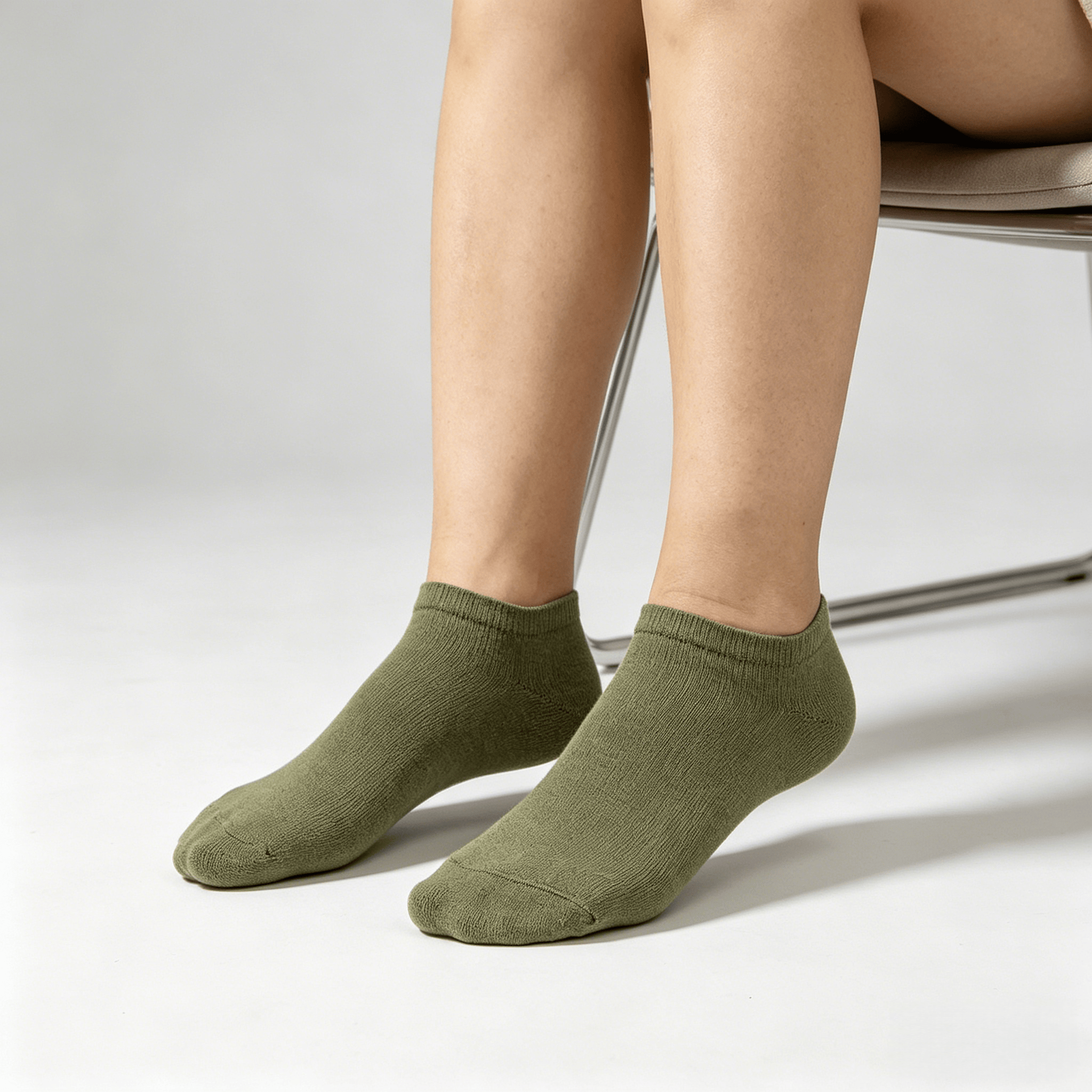 Olive green diabetic no-show socks with silicone heel grip and non-binding fit to prevent slipping while walking