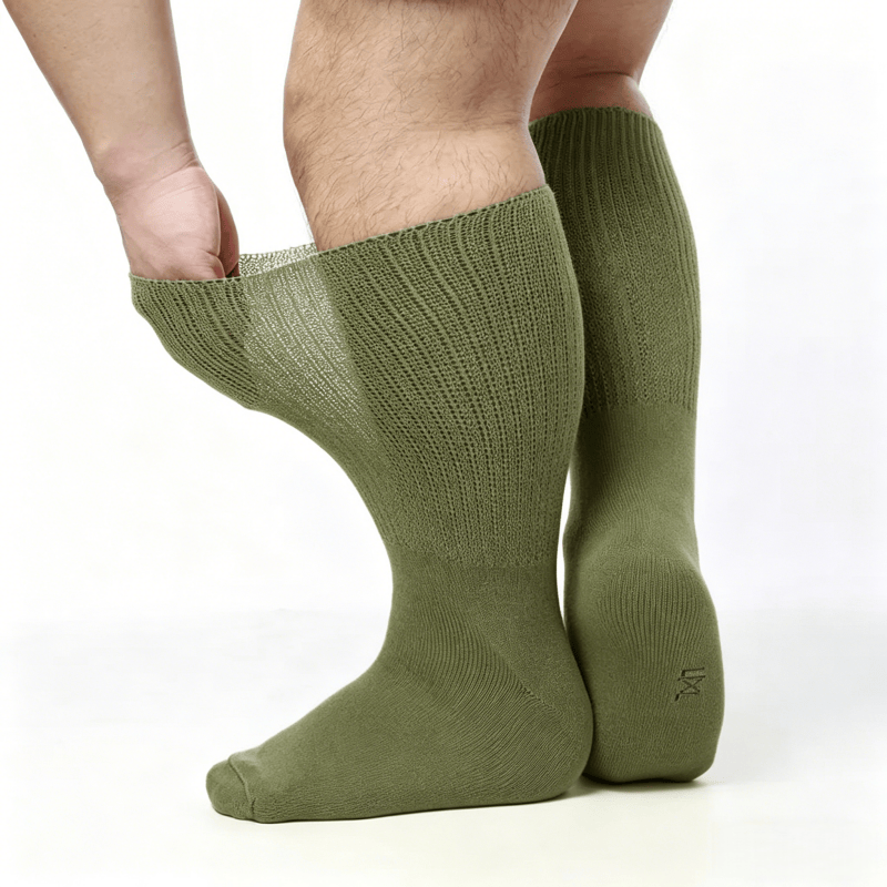 Smooth flat-seam olive green diabetic socks to reduce friction and irritation on feet
