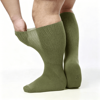 Smooth flat-seam olive green diabetic socks to reduce friction and irritation on feet
