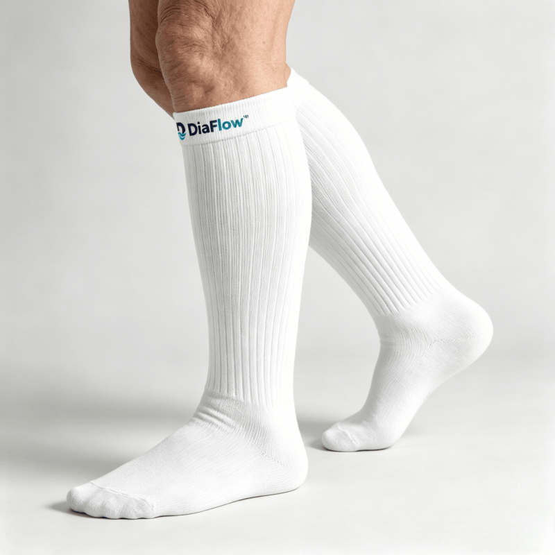 Smooth flat-seam white diabetic long socks to reduce friction on feet and calves