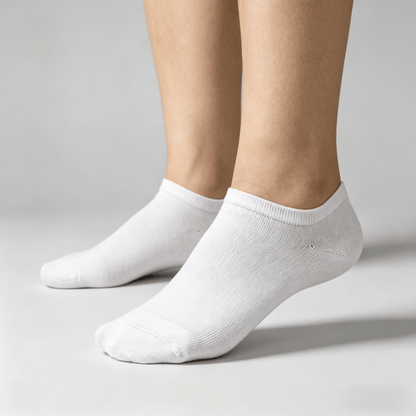 Pure white diabetic no-show socks with non-binding top for everyday wear with low-top sneakers