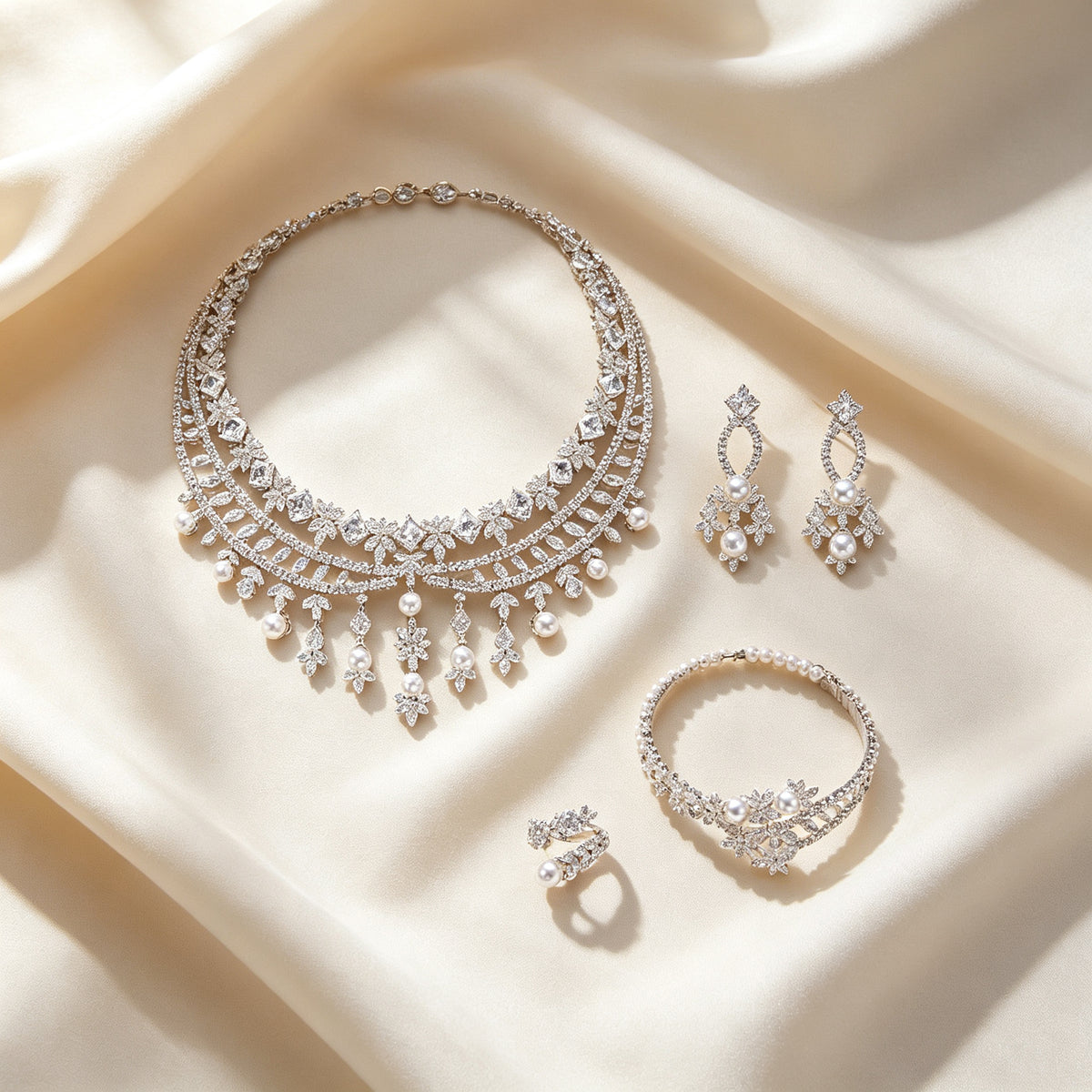 Top-down flat lay of The Violet Bridal Parure necklace, earrings, bracelet and ring