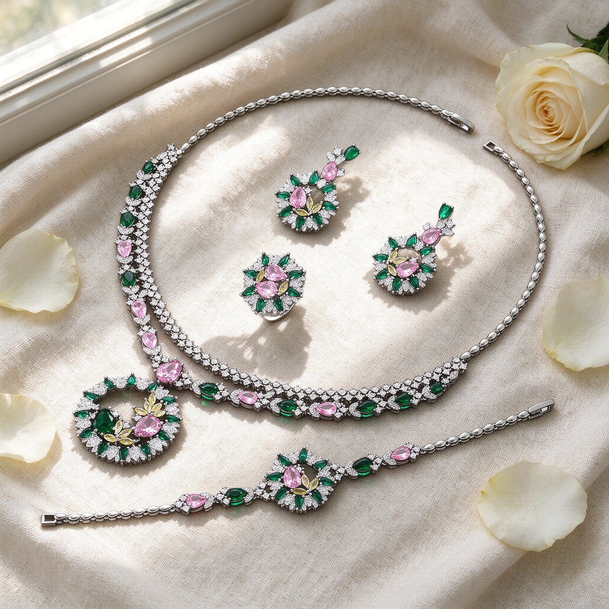 Flat lay of Hazel necklace, earrings, ring and bracelet on cream linen