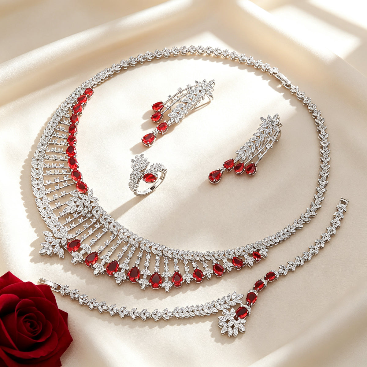 Flat lay of The Leaf Crystal Parure necklace, earrings, bracelet and ring