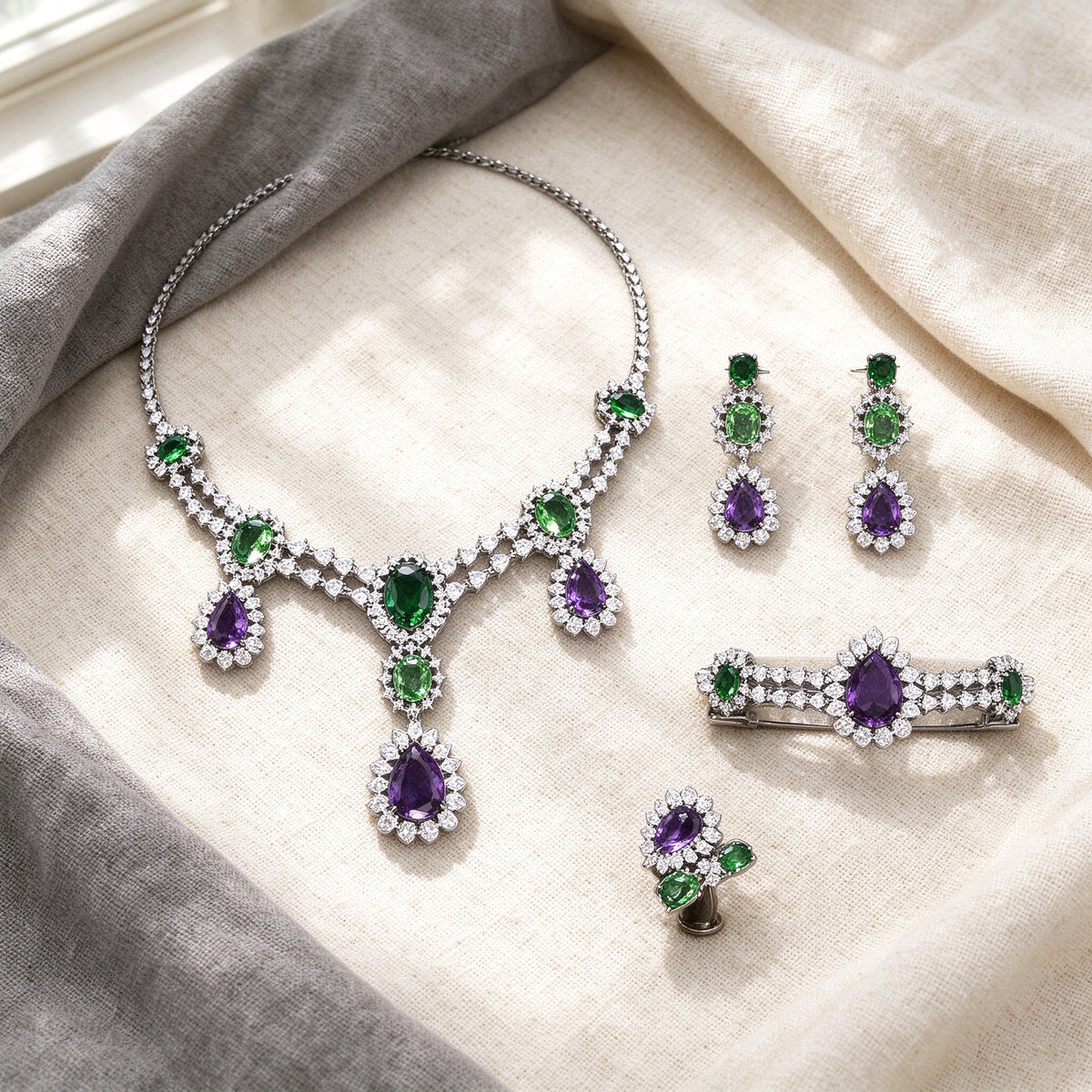 Overhead flat lay of The Crown four-piece green and purple CZ bridal parure on cream linen