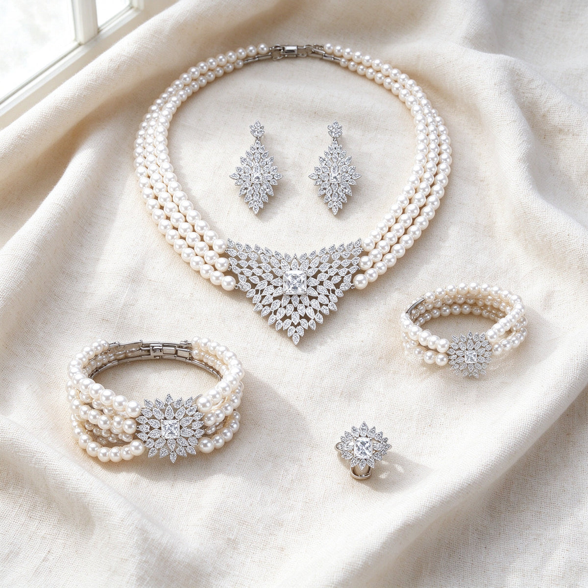 Flat lay of The Clover Crystal Parure — pearl necklace, earrings, bracelet, and ring arranged on ivory linen