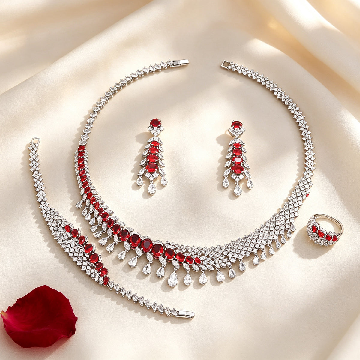 Flat lay of The Astra Wedding Suite collar, earrings, bracelet and ring on ivory linen