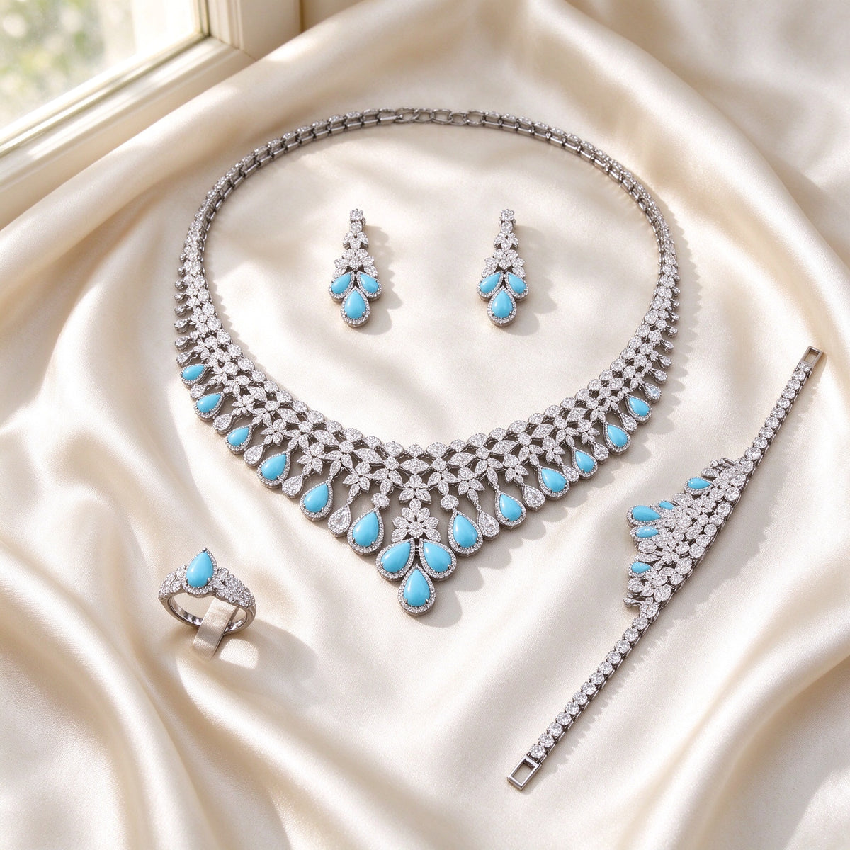 Flat lay of The Marlowe Wedding Suite four-piece set on ivory silk satin