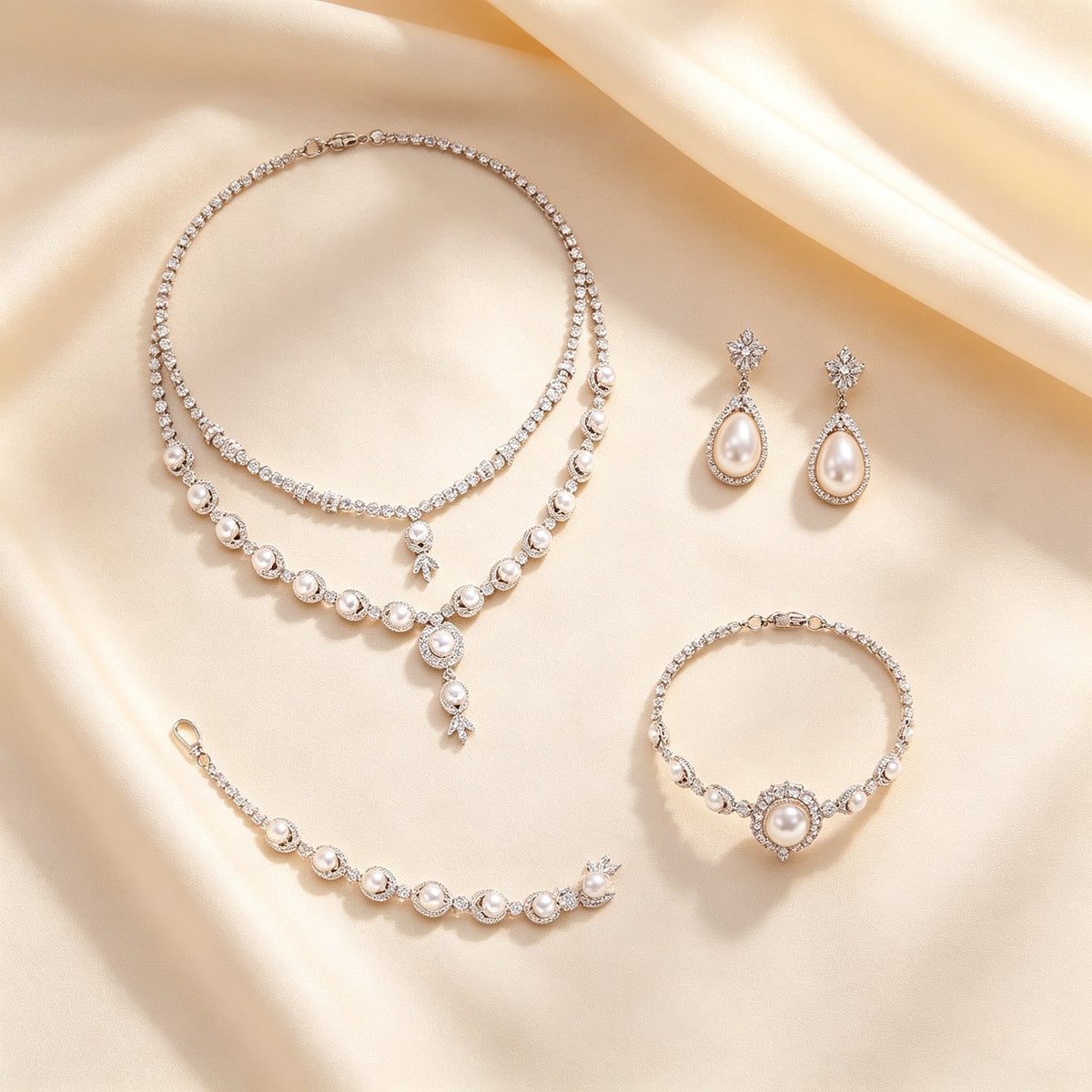 Flat lay of The Zenith four-piece bridal jewelry set on cream silk